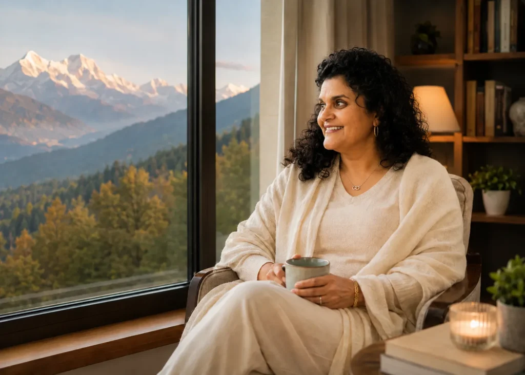 Sandhya seated by a bright window, resting her chin on her hands, smiling softly