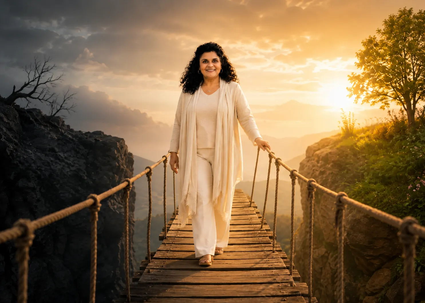 Sandhya walking across a rope bridge toward a sunlit city at golden hour