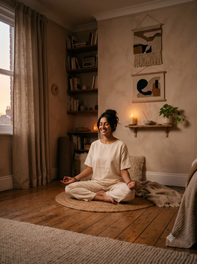 A woman meditating cross-legged in a calm, warm room