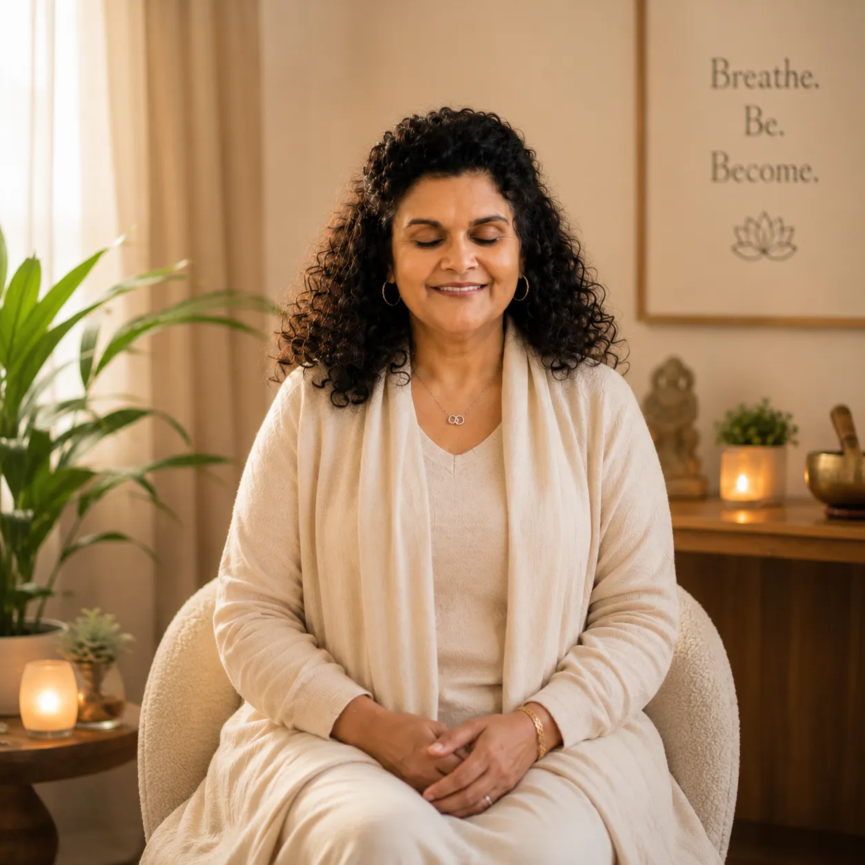 Sandhya guiding the 21-Day Meditation for Abundant Health, cross-legged in a sunlit room