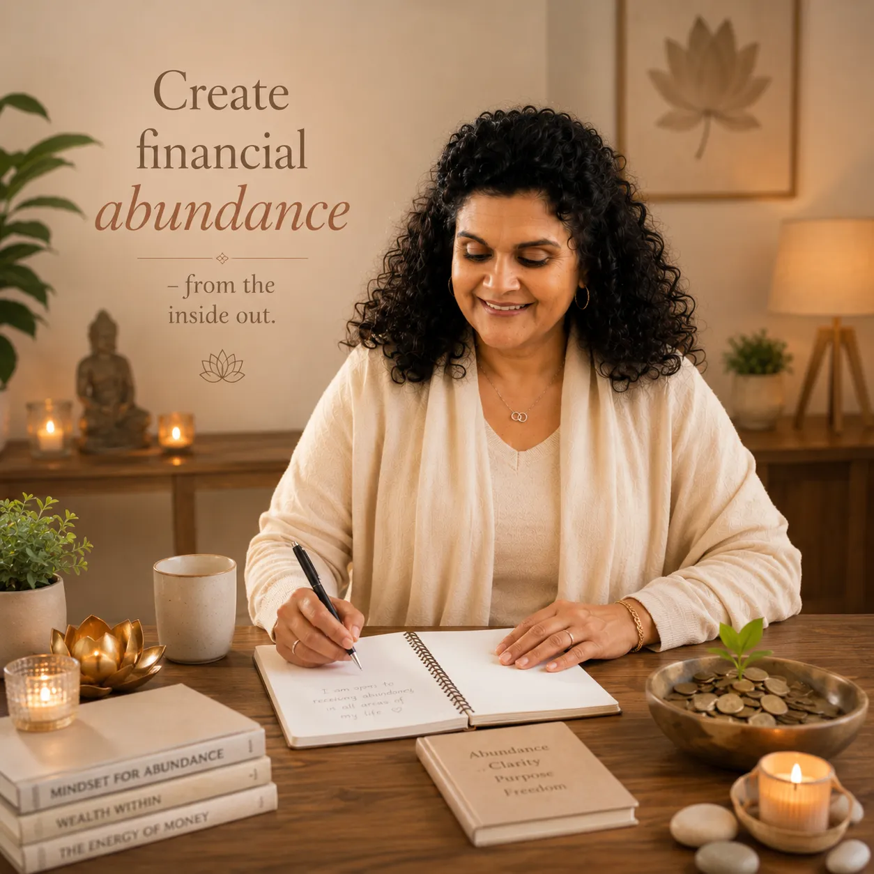 A woman meditating peacefully in warm light, hands over her heart