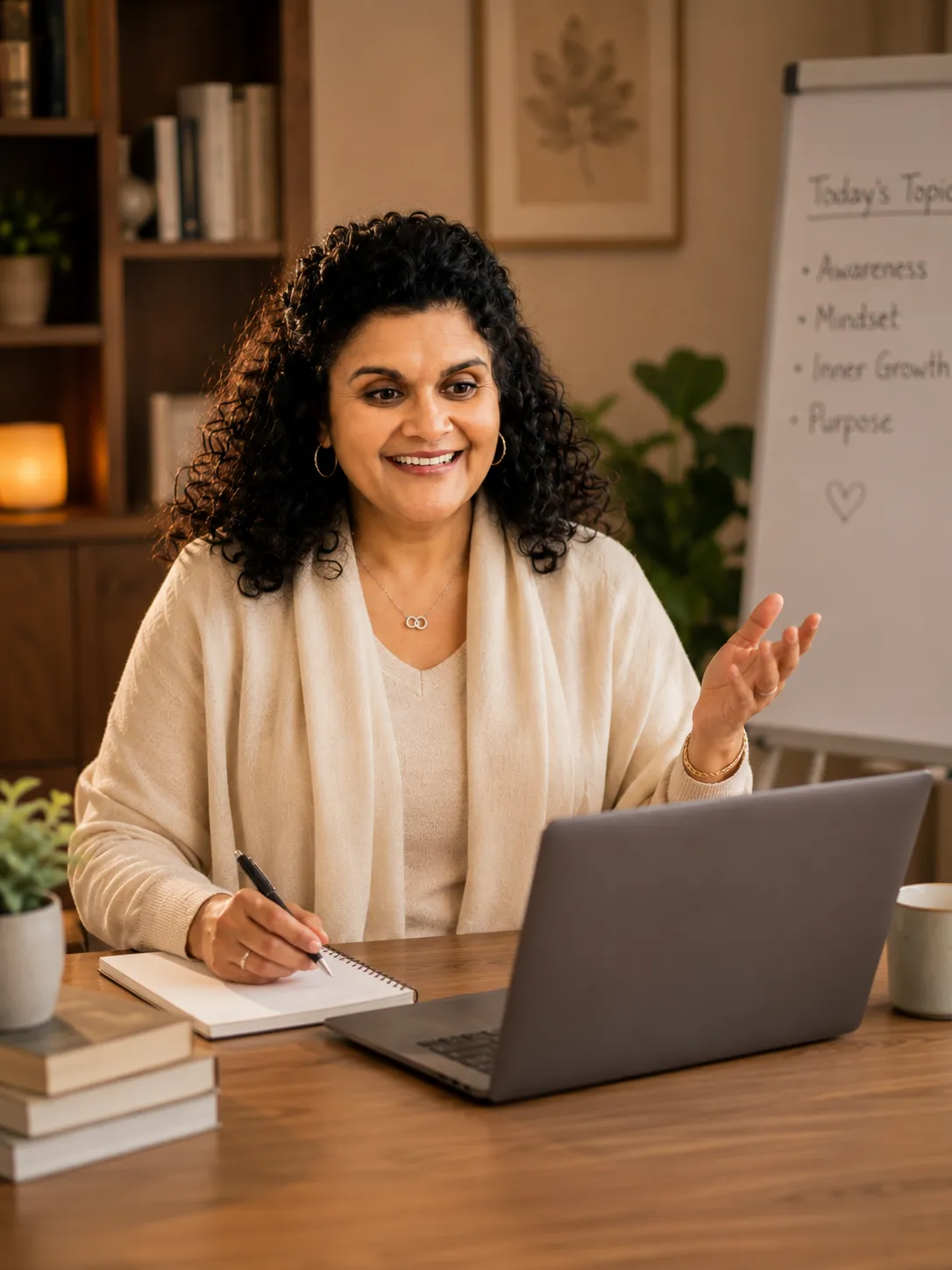 Sandhya in a warm virtual coaching session at her desk
