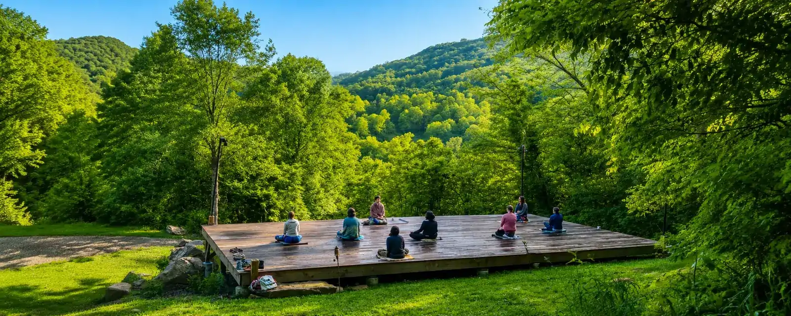 A group meditating on a wooden platform surrounded by green Blue Ridge forest