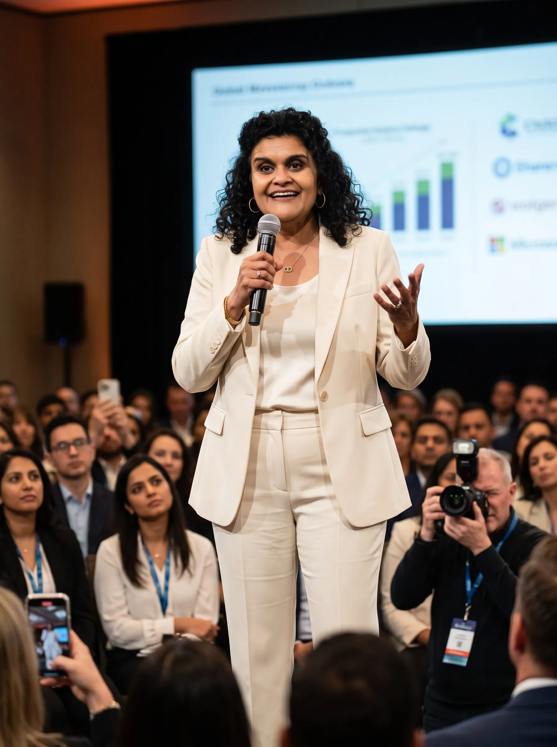 Sandhya speaking to a seated audience at an event