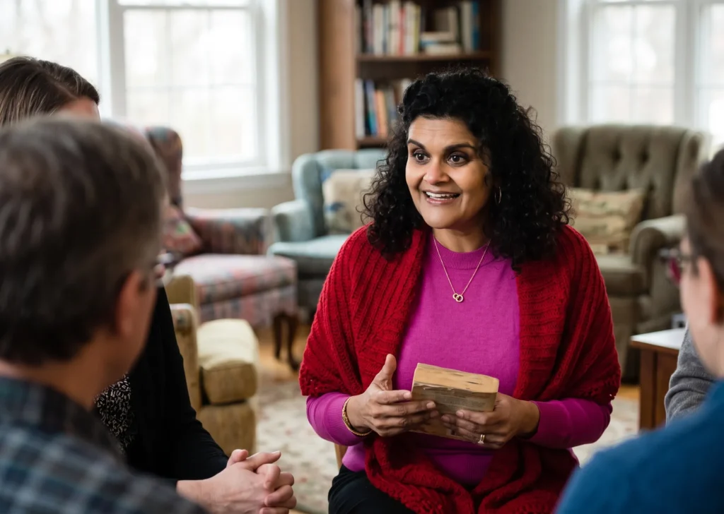 Sandhya in warm conversation with a small seated group