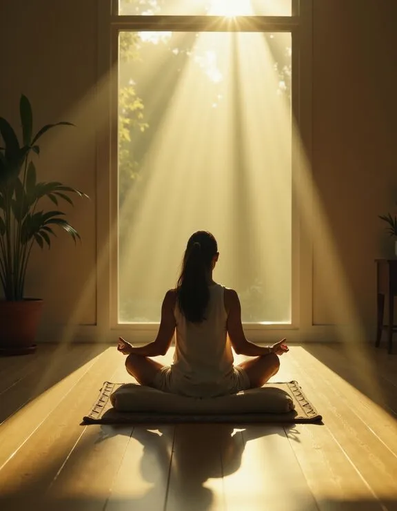 A person meditating cross-legged in a sunlit room with light streaming through a window