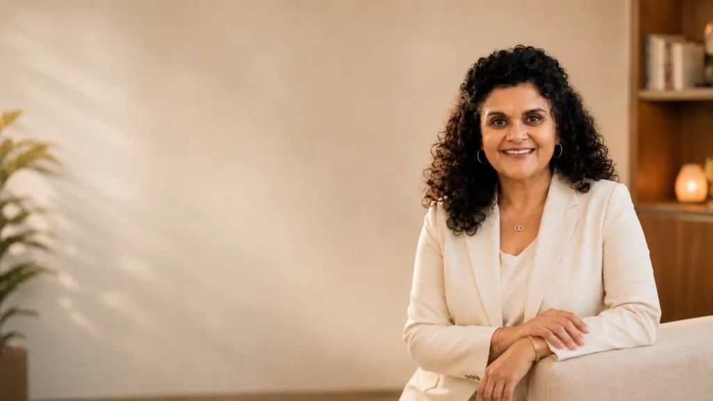 Sandhya Maheshwari seated in warm candlelight, smiling toward the camera