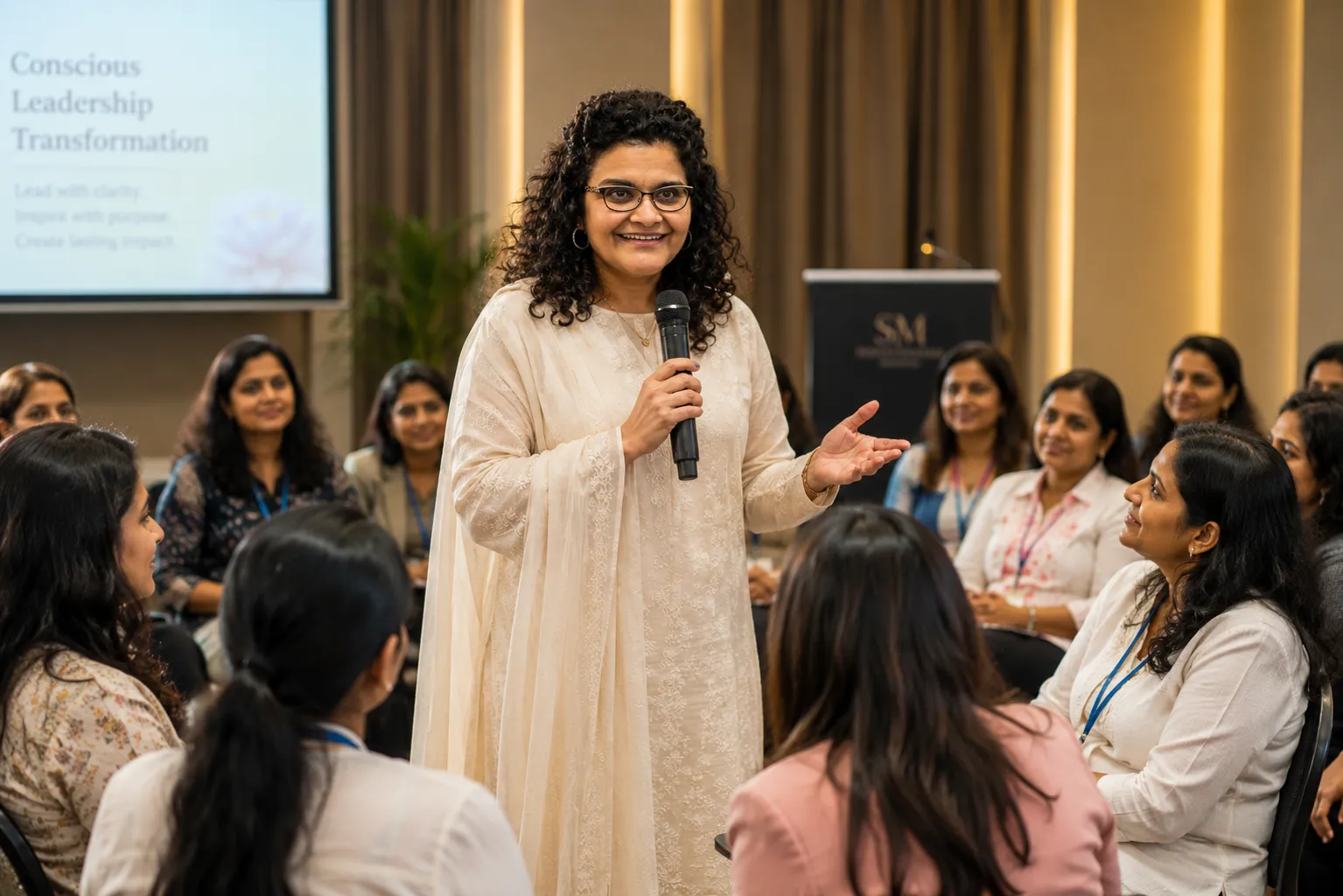 Sandhya speaking on stage