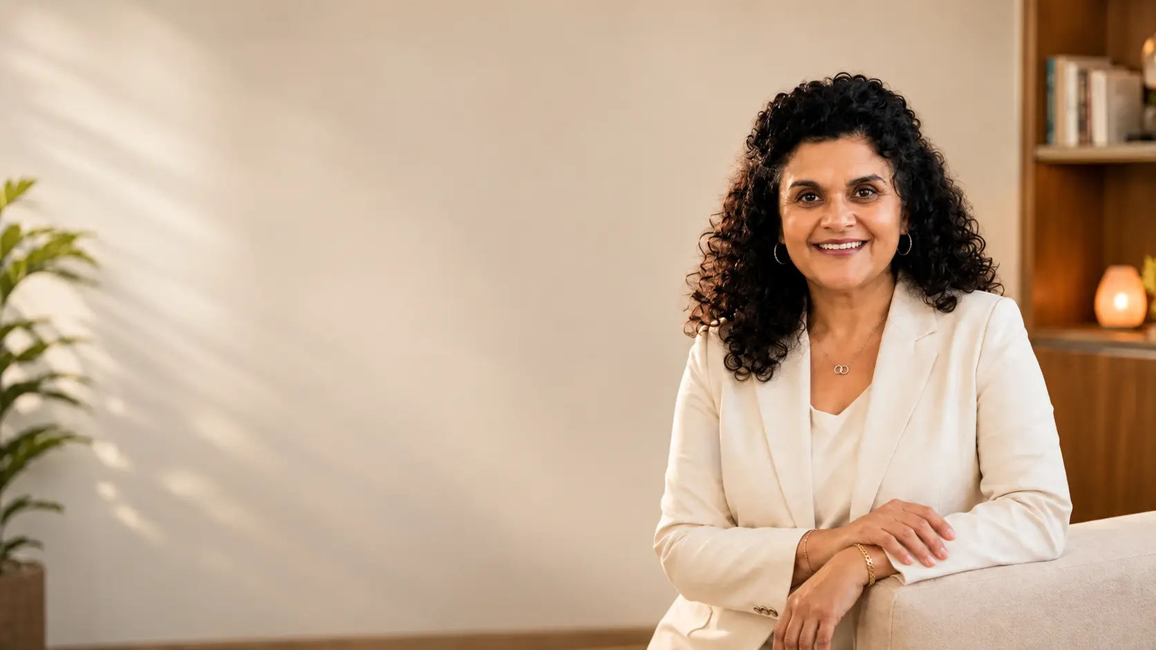 Sandhya Maheshwari seated in warm candlelight, smiling toward the camera